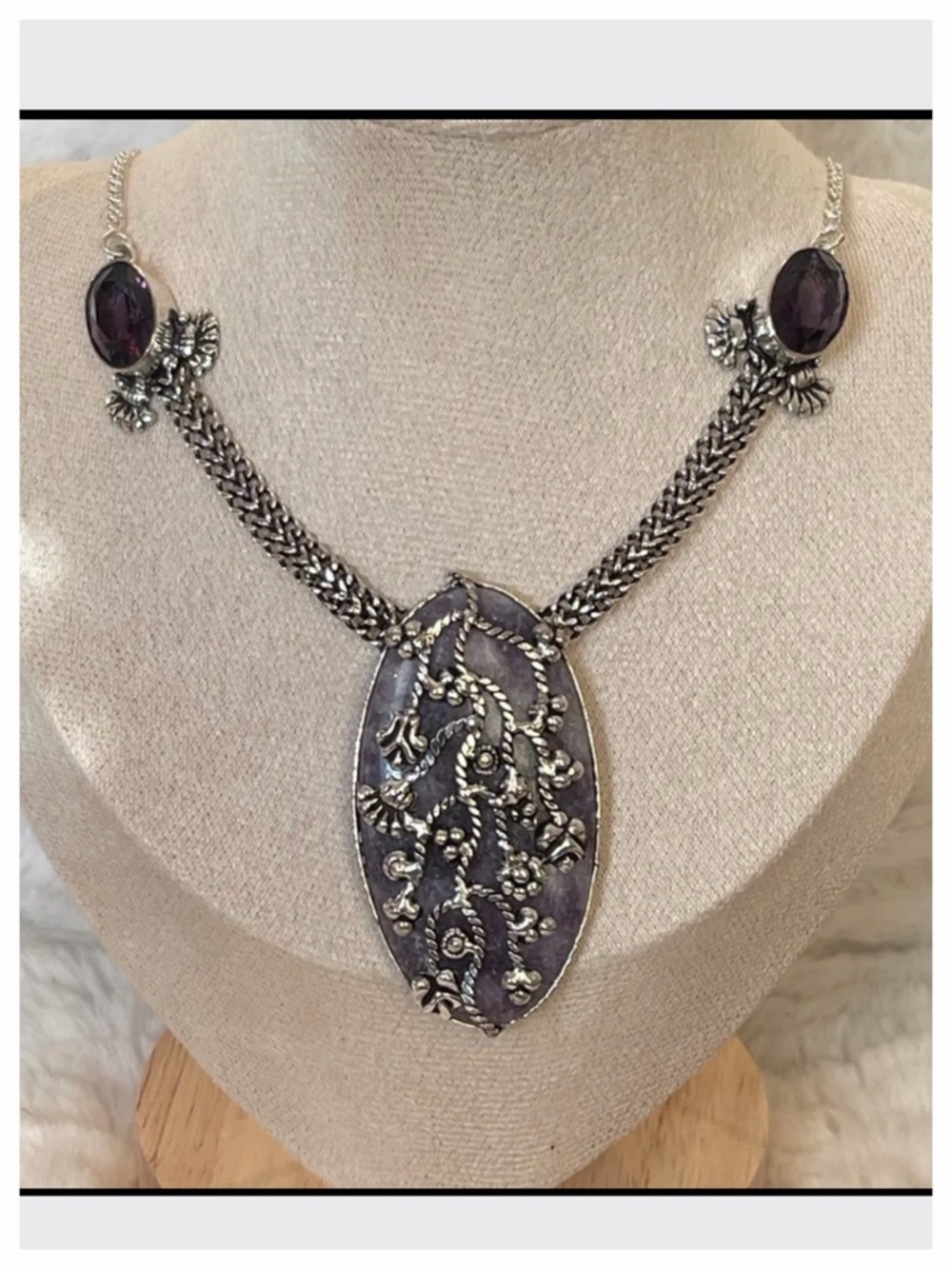 Boho Statement Necklace Purple Acrylic Pendant 18”